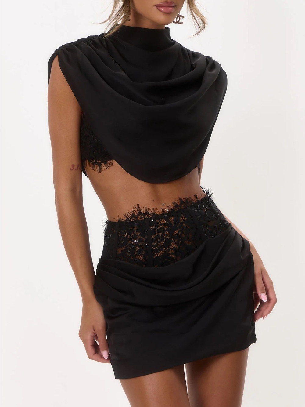 Black Satin & Lace Two-Piece Set